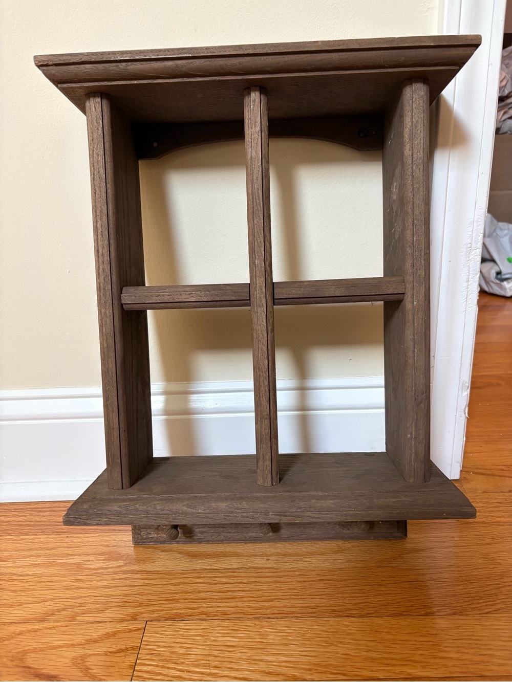 Rustic Brown Wall Shelf with Window-Style Design